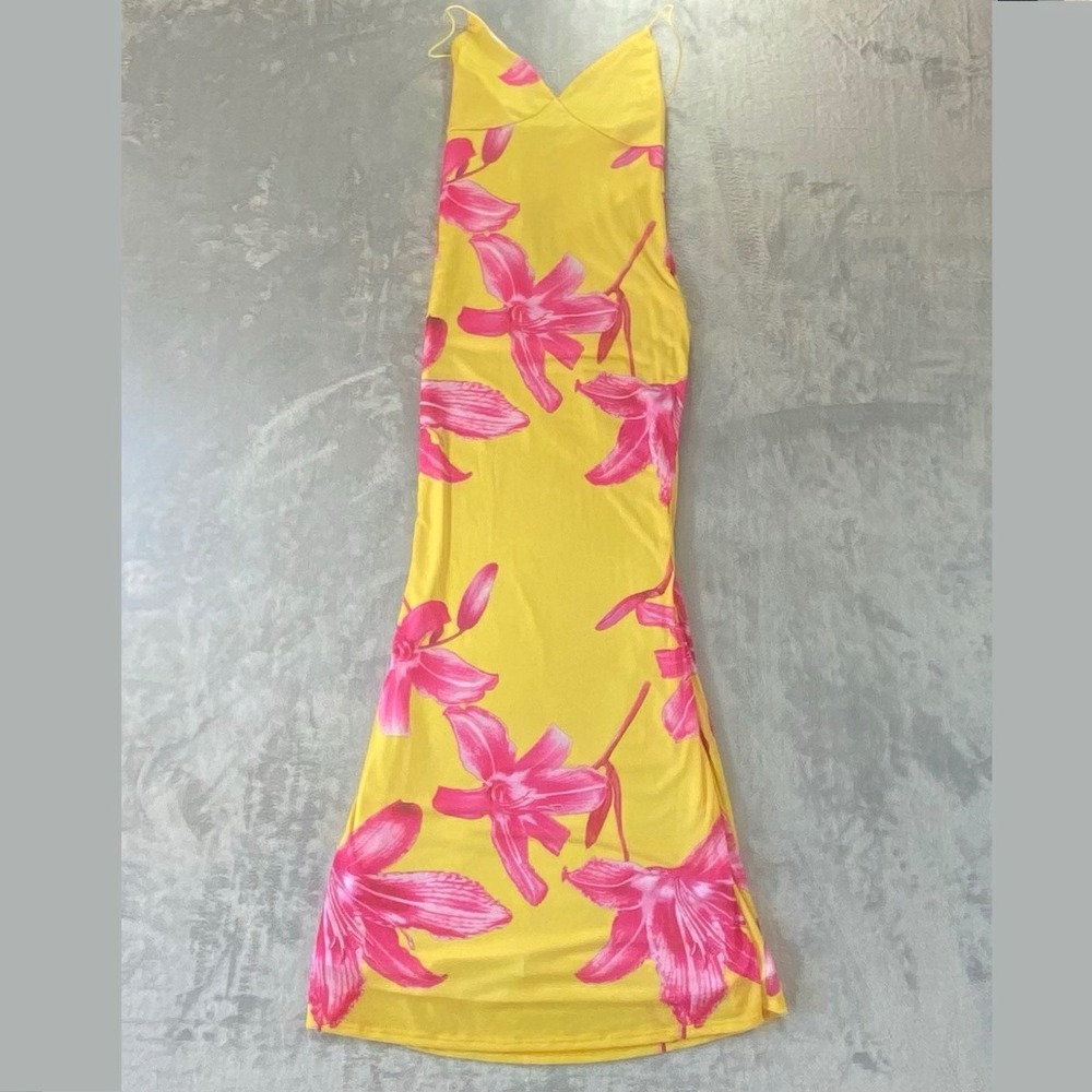 FASHION NOVA Kelly Floral Maxi Dress Womens Size M Yellow Pink NWT Bodycon Mesh